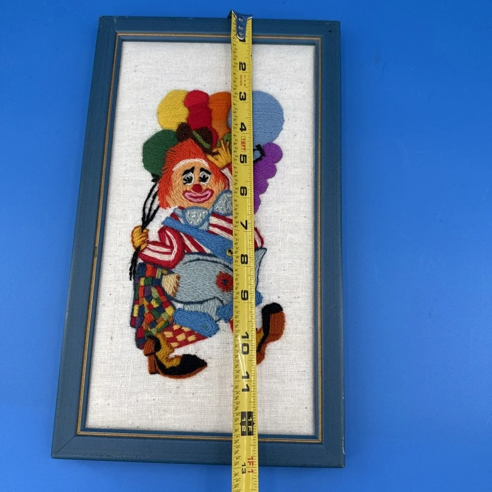 VTG 1970s Hand Embroidered Clown w Balloons Framed Needlework Wall Art